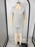 Solid V Neck T Shirt Shorts Two Piece Suits XMY-9240