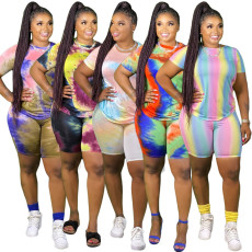Plus Size 5XL Tie Dye Short Sleeve 2 Piece Shorts Set XMY-9248