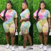 Plus Size 5XL Tie Dye V Neck Two Piece Shorts Set XMY-9250
