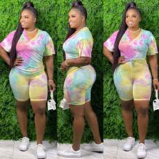 Plus Size 5XL Tie Dye V Neck Two Piece Shorts Set XMY-9250