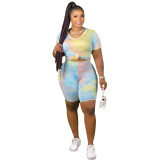 Plus Size 5XL Tie Dye V Neck Two Piece Shorts Set XMY-9250