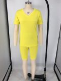 Solid V Neck T Shirt Shorts Two Piece Suits XMY-9240