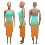 Gradient Backless Cross Strap Bodycon Midi Dress NIK-143