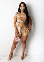 Plus Size 4XL Striped T Shirt Shorts 2 Piece Sets Without Mask YIY-5196