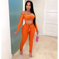Solid Slash Neck Crop Tops And Pants 2 Piece Sets ZSD-0300