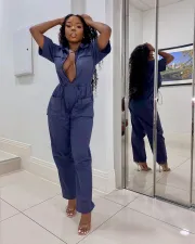 Casual Short Sleeve Zipper One Piece Jumpsuits HMS-5340