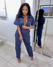 Casual Short Sleeve Zipper One Piece Jumpsuits HMS-5340
