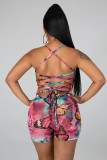 Tie Dye Butterfly Print Strappy Backless Rompers BS-1197