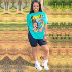 Plus Size Pattern Print Casual T-shirt Shorts Two Piece Set QY-5190