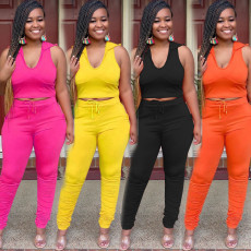 Solid Hooded Sleeveless Ruched 2 Piece Pants Set HM-6325