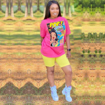 Plus Size Pattern Print Casual T-shirt Shorts Two Piece Set QY-5190