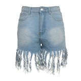 Plus Size Denim Tassel Straight Jeans Shorts HSF-2095