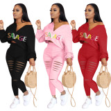 Letter Print Long Sleeve Hole Pants 2 Piece Sets WSM-5177
