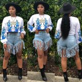 Plus Size Denim Tassel Straight Jeans Shorts HSF-2095