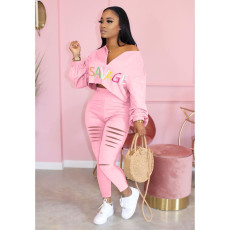Letter Print Long Sleeve Hole Pants 2 Piece Sets WSM-5177