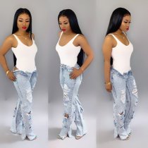Plus Size Denim Hole Inelastic Straight Long Jeans HSF-2062