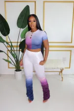 Gradient Short Sleeve Top Stacked Flare Pants Suit LA-3207