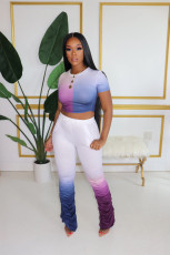 Gradient Short Sleeve Top Stacked Flare Pants Suit LA-3207