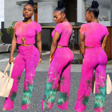 Plus Size Tie Dye Short Sleeve Two Piece Pants Set WAF-7020