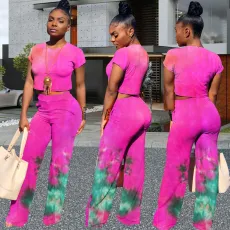 Plus Size Tie Dye Short Sleeve Two Piece Pants Set WAF-7020