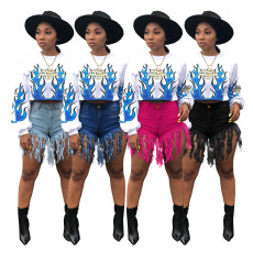 Plus Size Denim Tassel Straight Jeans Shorts HSF-2095