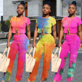 Plus Size Tie Dye Short Sleeve Two Piece Pants Set WAF-7020