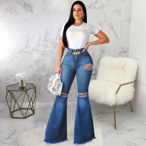 Plus Size Denim Hole Skinny Flared Jeans HSF-2074