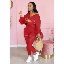 Letter Print Long Sleeve Hole Pants 2 Piece Sets WSM-5177