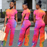 Plus Size Tie Dye Short Sleeve Two Piece Pants Set WAF-7020
