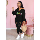 Letter Print Long Sleeve Hole Pants 2 Piece Sets WSM-5177