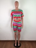 Fashion Casual Stripe T-shirt Shorts Two Piece Set LX-6870