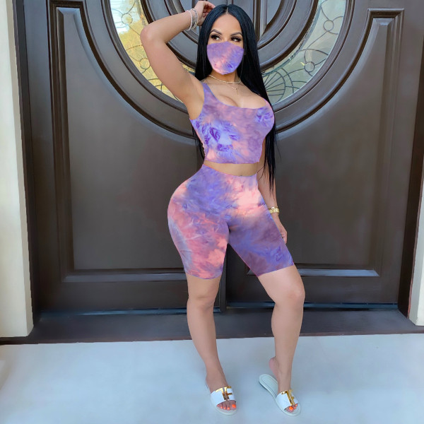Tie-dye Sleeveless Top Shorts Two Piece Set (including mask) LX-2076