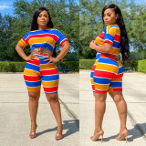 Fashion Casual Stripe T-shirt Shorts Two Piece Set LX-6870