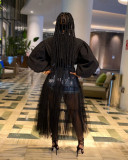 Fashion Sexy Solid Color Mesh Stitching Long Sleeve Dress (Without Belt)LS-0315