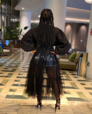 Fashion Sexy Solid Color Mesh Stitching Long Sleeve Dress (Without Belt)LS-0315