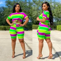 Fashion Casual Stripe T-shirt Shorts Two Piece Set LX-6870