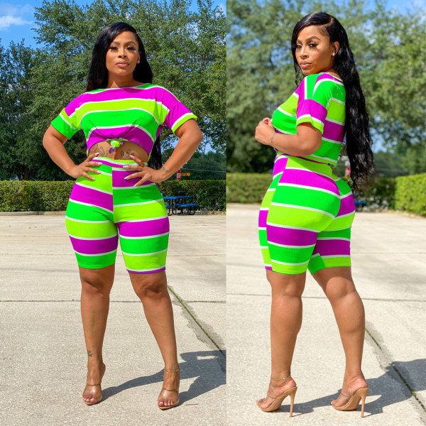 Fashion Casual Stripe T-shirt Shorts Two Piece Set LX-6870