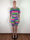 Fashion Casual Stripe T-shirt Shorts Two Piece Set LX-6870