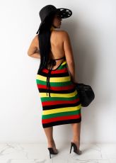 Colorful Stripe Strappy Backless Midi Dress TR-1056