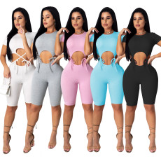 Solid Short Sleeve Sexy Hollow One Piece Rompers TR-1051