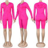 Solid Hooded Zipper Long Sleeve 2 Piece Shorts Set SFY-137