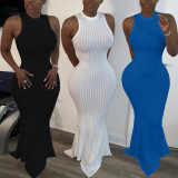 Plus Size Solid Sleeveless Rib Knitted Slim Maxi Dress BGN-095