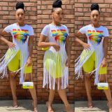 Lips Print Tassel Short Sleeve O Neck T Shirt FSL-098