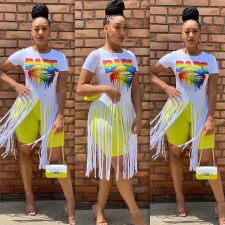 Lips Print Tassel Short Sleeve O Neck T Shirt FSL-098