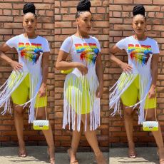 Lips Print Tassel Short Sleeve O Neck T Shirt FSL-098