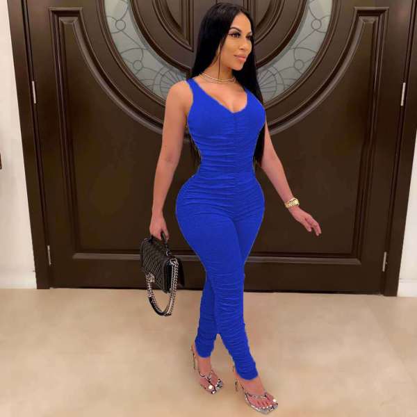 Solid Color Sleeveless Tank Open Back Stacked Jumpsuit NM-8305