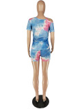 Sexy Tie-dye Irregular Sleeve T-shirt Shorts Two Piece Set NM-8304
