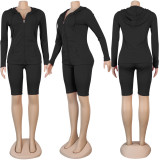 Solid Hooded Zipper Long Sleeve 2 Piece Shorts Set SFY-137