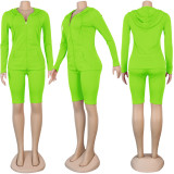 Solid Hooded Zipper Long Sleeve 2 Piece Shorts Set SFY-137