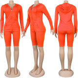 Solid Hooded Zipper Long Sleeve 2 Piece Shorts Set SFY-137